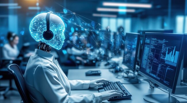 Ai robot call center agent in a white uniform providing customer support within a high-tech office setting