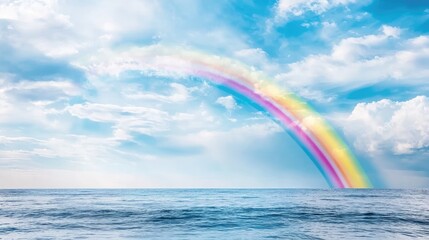 Ocean rainbow, sunny sky, clouds, calm sea, hope