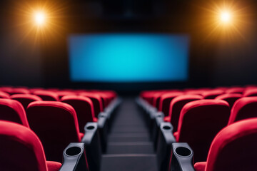 Fototapeta premium spacious cinema hall featuring red seats and large screen, creating inviting atmosphere for moviegoers. lighting adds warm ambiance, enhancing cinematic experience