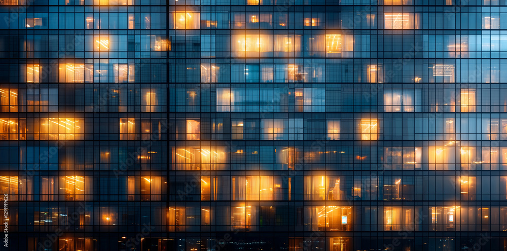 Poster modern office building with illuminated windows at night, showcasing vibrant urban atmosphere. refle