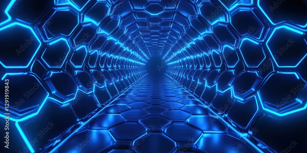Aufkleber glowing blue hexagonal grid creating a futuristic tunnel expanding into a luminous distance