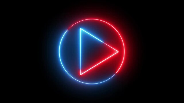 Glowing neon red, blue tringle with circle Play button animation icon video, audio and music play button animated on black background. 4k video