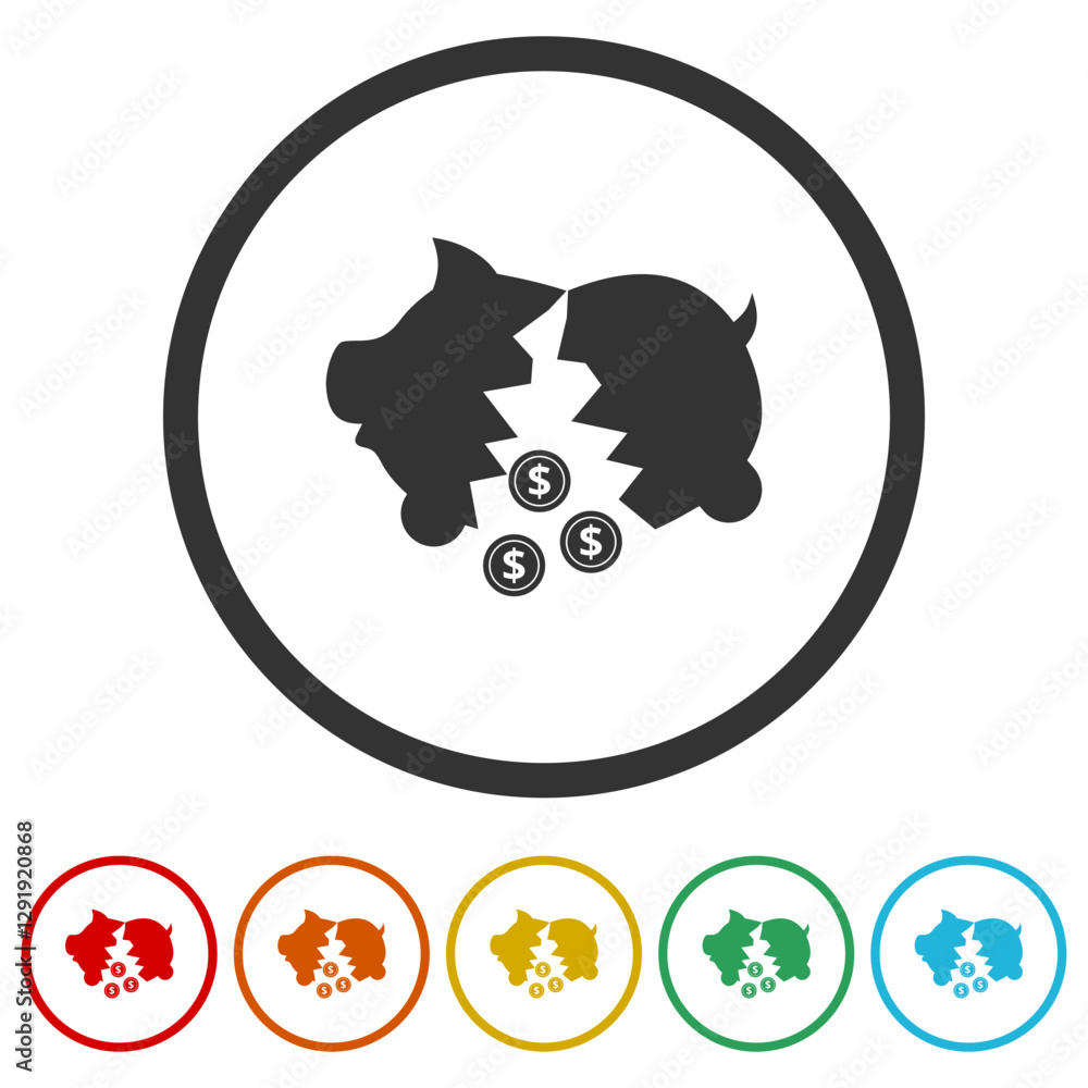 Poster broken piggy icon. set icons in color circle buttons