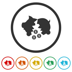 Broken piggy icon. Set icons in color circle buttons