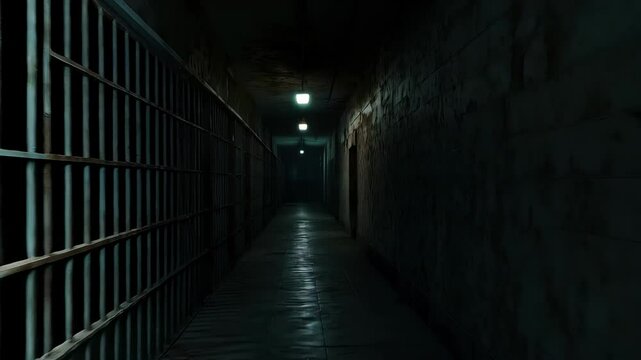 Series of views shows a decaying prison corridor with rusted bars, peeling paint, and dim lighting, creating a sense of confinement and despair
