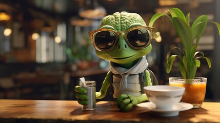 A photo of a 3D character at a cannabis-themed cafe