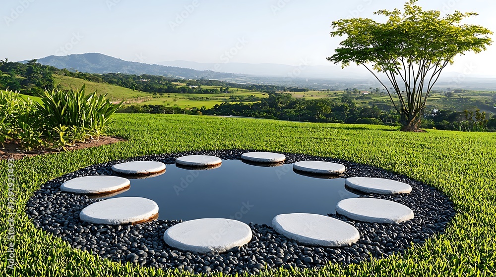 Wall mural Serene garden landscape featuring stepping stones around a tranquil pond with lush greenery