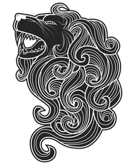 Stylized Lion Head Artwork With Flowing Abstract Black and White Lines For T-Shirt Designs