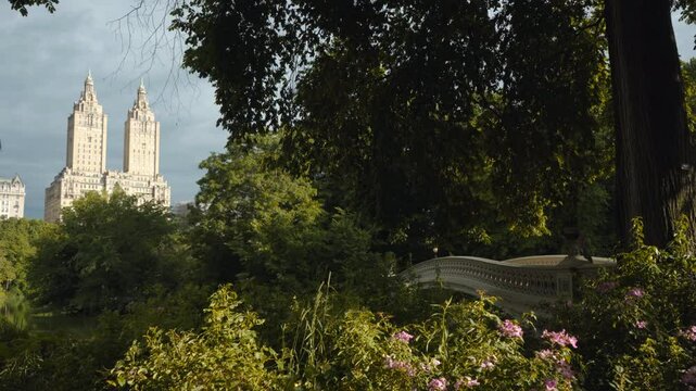Bow Bridge and San Remo Towers Framed by Trees in Central Park, New York