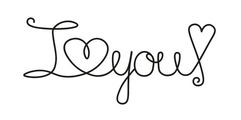 Declaration of love in artline style. Inscription “I love you!” with heart drawn in one line on white background. Hand drawn heart with text “I love you!” in minimalist style.         