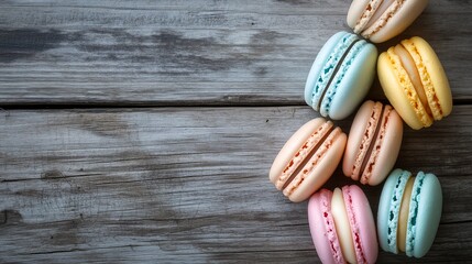 Colorful macaroons on right side rustic wooden table background
