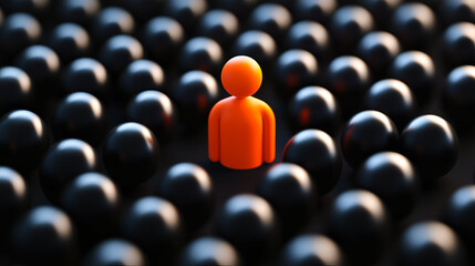 Fototapeta premium Orange figure standing out in a crowd of black figures, representing individuality, leadership and standing out concept in the mass against a dark background