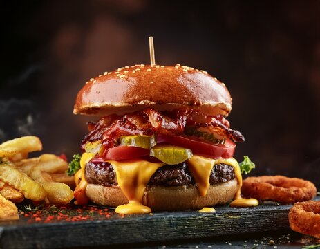 Fotograf&iacute;a de estudio profesional una hamburguesa de carne de vacuno a la parrilla, con queso cheedar fundido, aros de cebilla fino, tomate, pepinillo, acompa&ntilde;ada de patatas fritas crujientes