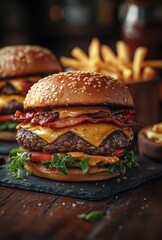 Juicy hamburger topped with melted cheese, crispy bacon, fresh lettuce, and ripe tomatoes served with golden fries on a rustic wooden table