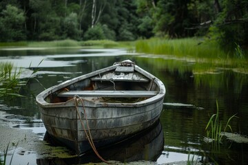 Weathered wooden boat floats peacefully in a tranquil pond surrounded by lush greenery at sunset