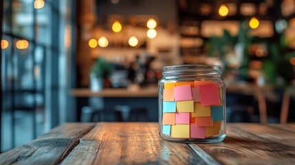 A glass jar filled with multicolored sticky notes sits on a wooden table.