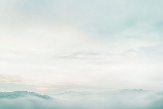 Serene misty landscape with soft clouds enveloping rolling hills at dawn, tranquil atmosphere