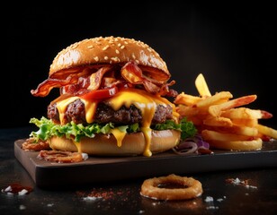 Fotografía de estudio profesional una hamburguesa de carne de vacuno a la parrilla, con queso cheedar fundido, aros de cebilla fino, tomate, pepinillo, acompañada de patatas fritas crujientes