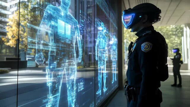 High tech law enforcement officer wearing augmented reality glasses, scanning holographic data projection of criminal suspect across transparent digital interface with investigative precision