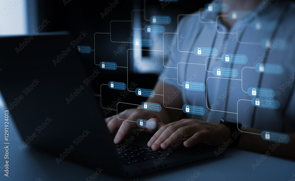 Poster blockchain financial with chain of encrypted blocks to secure datum, cryptocurrency and bitcoin for 