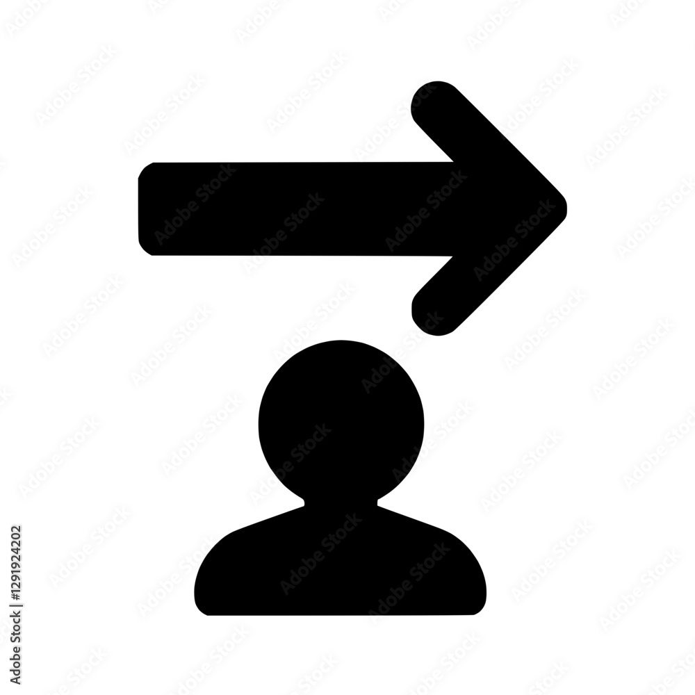 Poster icon depicting a person with an arrow pointing to the right, symbolizing direction or transition