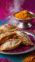 Gujiya or gujia or karanji - sweet dumplings made during the festival of holi and diwali, served in a plate. selective focus