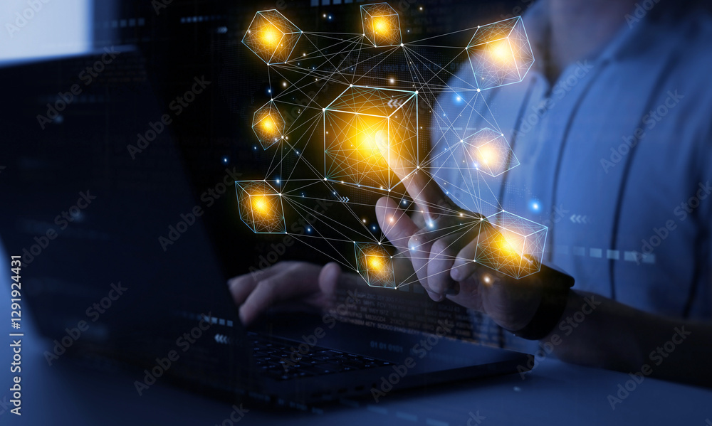 Poster blockchain technology transactions and digital currency .businessman touching futuristic blockchain 