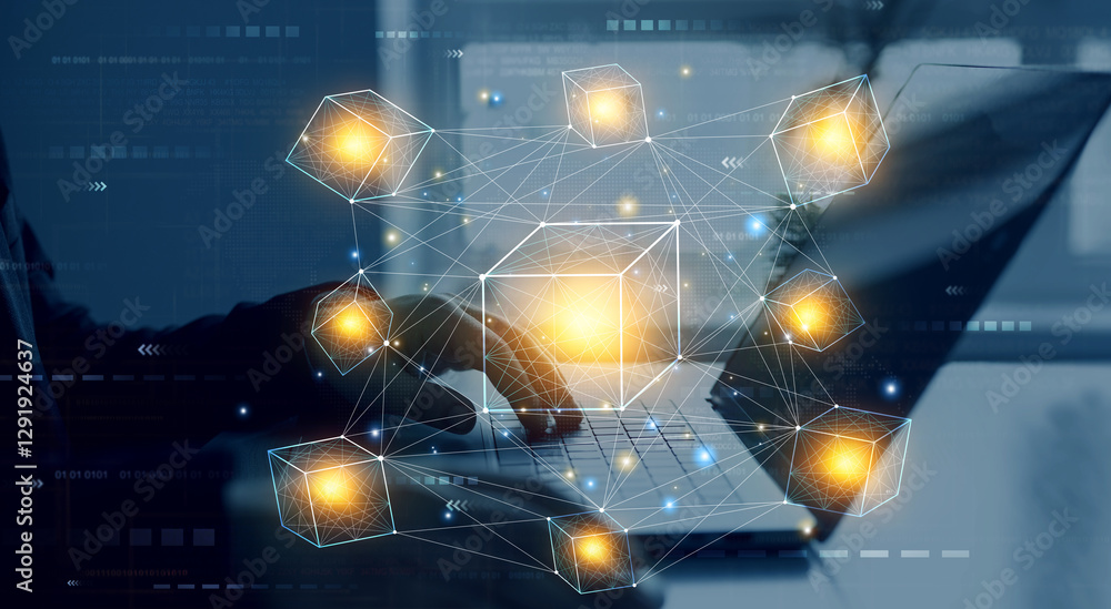 Poster blockchain technology transactions and digital currency .businessman touching futuristic blockchain 