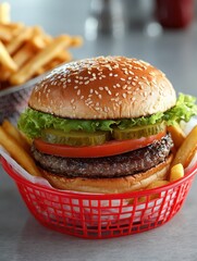Juicy hamburger with fresh lettuce, tomato, pickles, and crispy fries in a red basket on a rustic table, perfect for food lovers and culinary delights