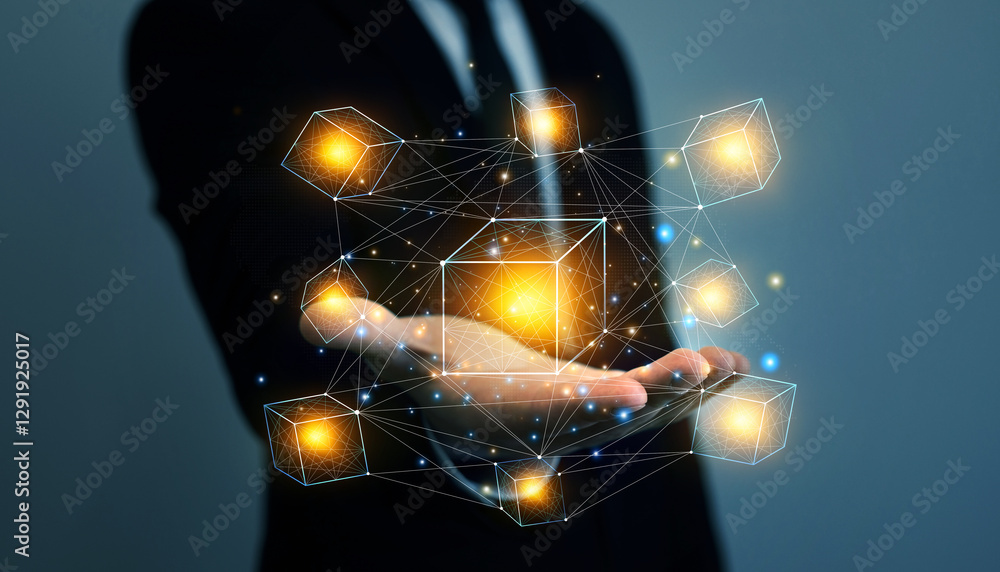 Poster blockchain technology transactions and digital currency .businessman touching futuristic blockchain 