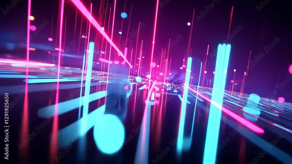Poster vibrant neon microchip bokeh with dynamic spin and rise in an augmented reality environment, 3d neon