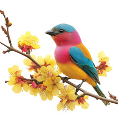 Fototapeta premium A colorful bird perched on the branch of yellow flowers, against a transparent background, png