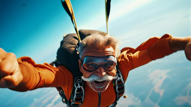 Senior skydiver wearing orange suit and white mustache experiencing exhilarating free fall moment, radiating pure joy and adventure while smiling during aerial descent with blue sky background