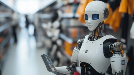 Fototapeta premium AI-generated AI-powered Black Friday shopping assistants, futuristic robots helping customers in a digital store
