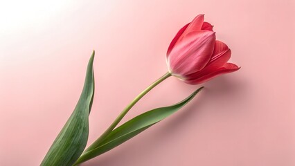Obraz premium Beautiful red tulip on soft pink background with copy space