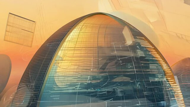 A futuristic glass skyscraper with digital blueprints and overlays, set against a warm sunset sky over a cityscape.
