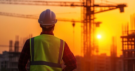 Un ouvrier du b&acirc;timent, vue arri&egrave;re, portant un casque de s&eacute;curit&eacute; et un gilet de travail, debout sur un chantier en construction avec des grues au coucher du soleil.