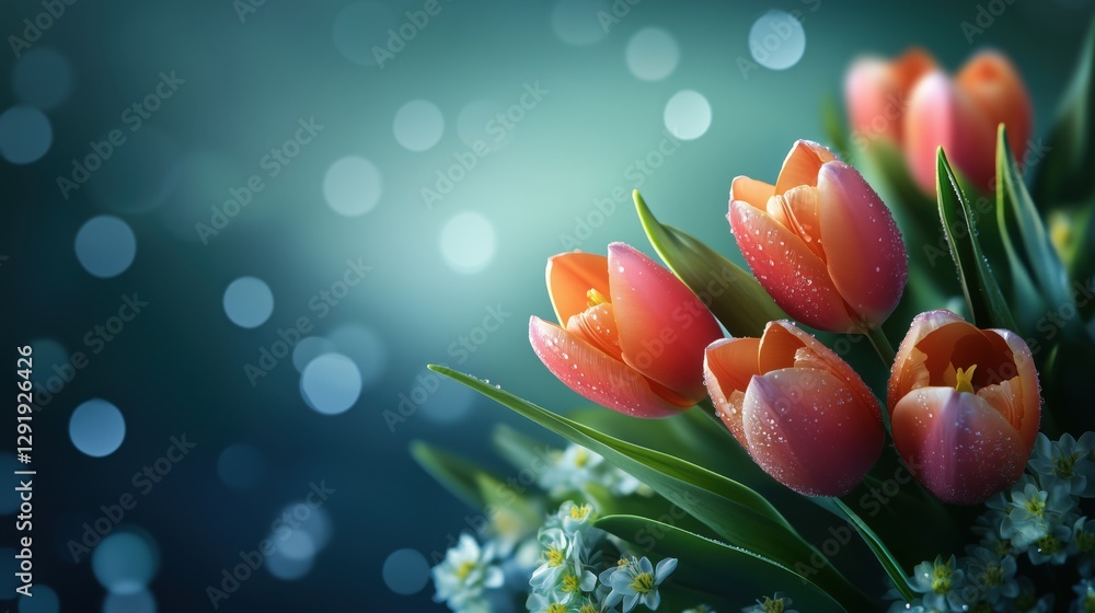 Poster vibrant red tulips with bokeh effect creating beautiful spring atmosphere and copy space for your te