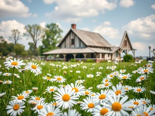 Idyllic Meadow with Blossoming Daisies and Rustic Farmhouse