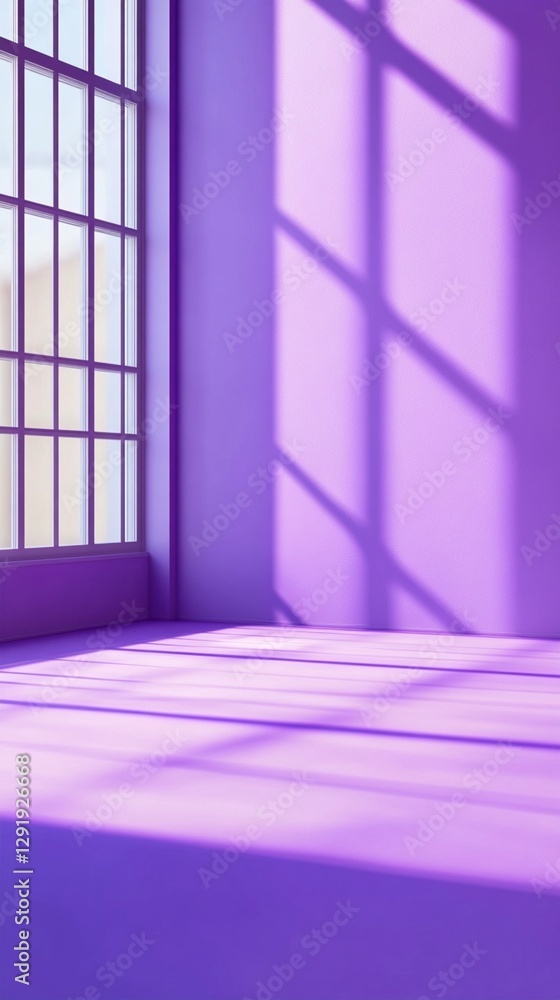 Poster sunlight streams through a grid-patterned window, casting purple shadows across the room, creating a