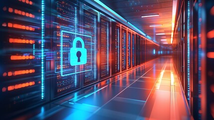 Secure data management displayed through transparent crystal cloud icon in a futuristic server hallway