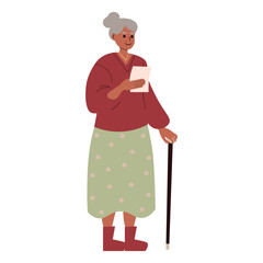 Fototapeta premium An elderly, happy woman, a grandmother with gray hair, stands reading with a cane. He holds the sheet in his hands. Mature character in a flat vector style