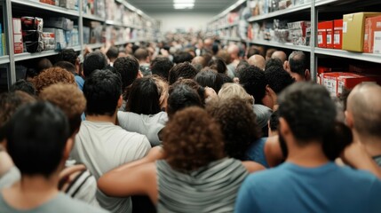 Over-the-top exaggerated Black Friday chaos, cartoon-style, humor, people diving into shelves for discounts