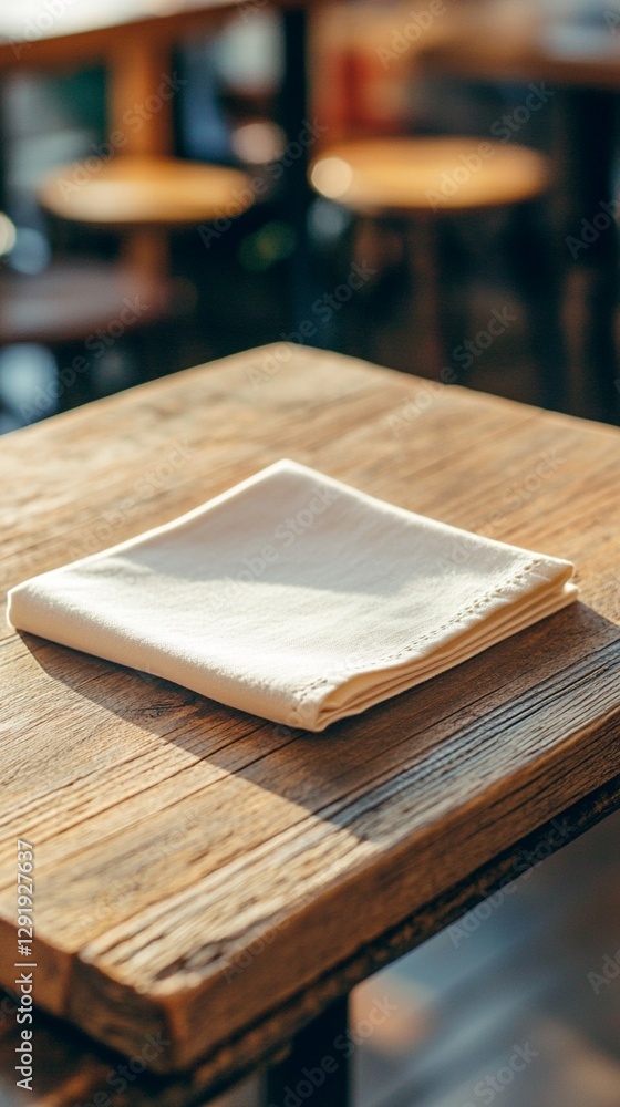 Poster elegant white linen napkin neatly folded on rustic wooden restaurant table surface, with warm ambien