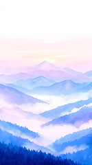 Serene mountain landscape at dawn with soft pastel colors and mist enveloping the valleys