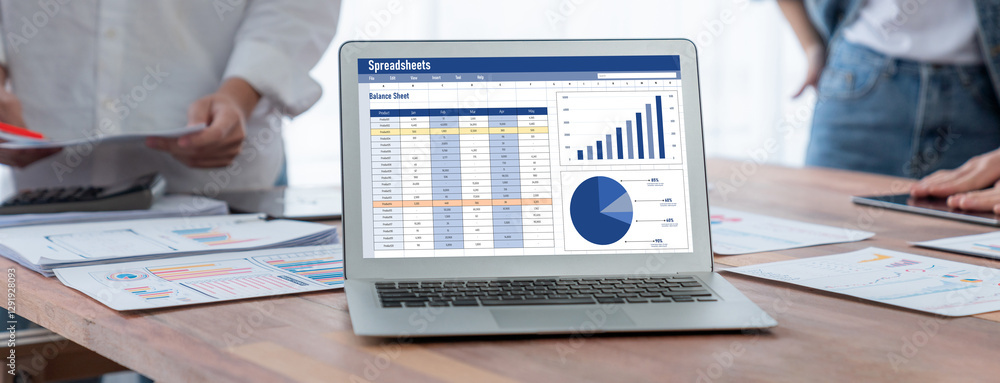 Poster Spreadsheet document information financial startup concept. data and graphs in spreadsheet documents for online analysis project dashboard accounting digital brisk
