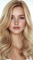Fototapeta premium Professional beauty portrait showcasing flawless makeup application and perfectly styled blonde wavy hair against soft light background, demonstrating modern glamour aesthetics and techniques.