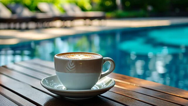 Enjoying a peaceful moment with coffee beside a refreshing swimming pool in a serene setting, a cup of coffee on wooden table with swimming pool background video for relax concept