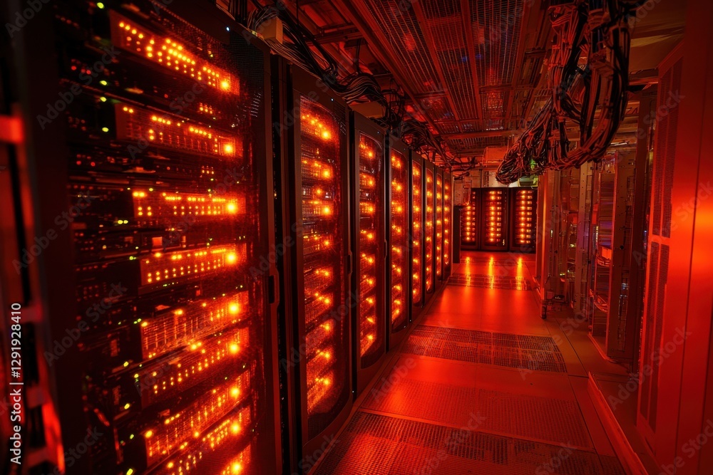 Poster a photo depicting a long hallway filled with multiple rows of servers in a data center a futuristic 