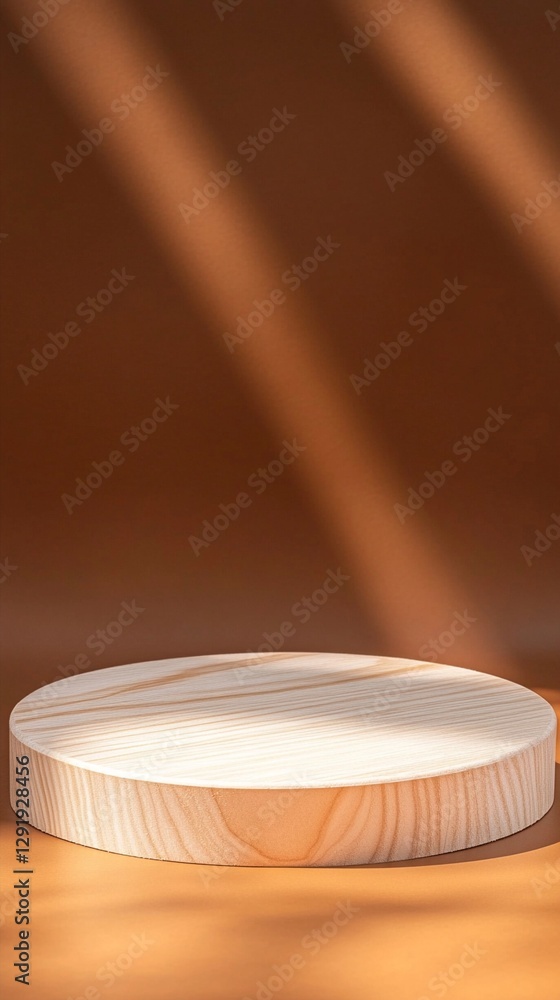 Poster minimalist wooden product display platform with diagonal light beams creating dramatic shadows on br